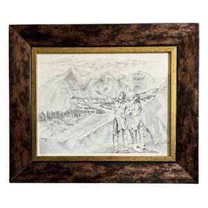 LA Hulbert‎ Pen an Ink Drawing River Mountain Indian Southwest Heritage 83/100